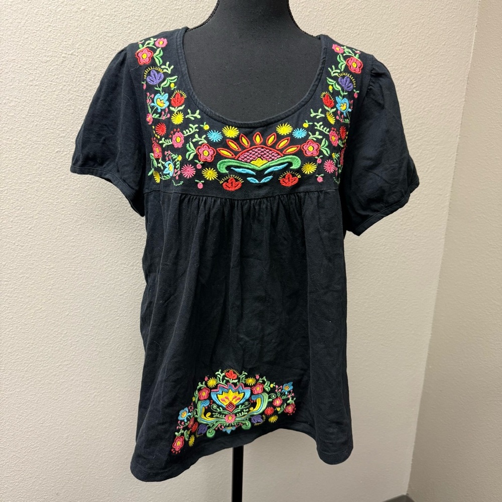 South Main XXL Black Floral Embroidered Boho Peasant Top Cotton - Picture 2 of 10